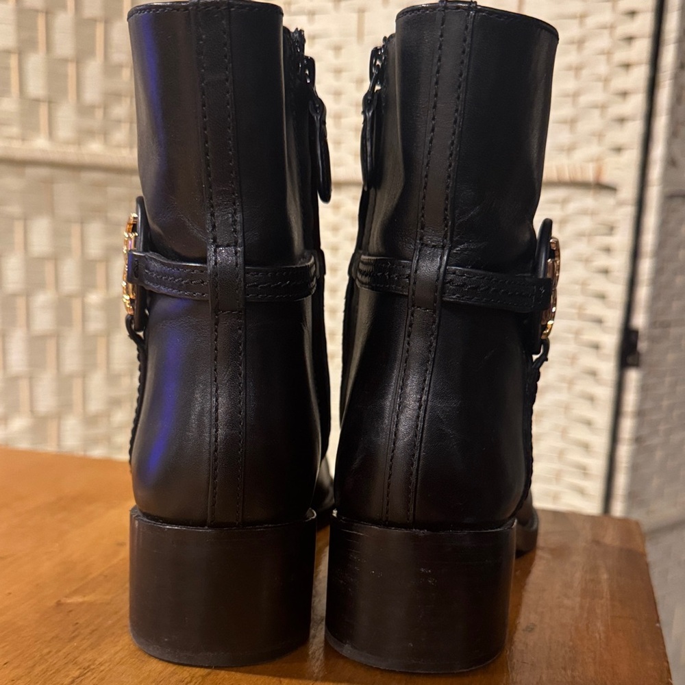 Tory Burch Black Leather Ankle Booties with Gold Logo - Picture 8 of 13